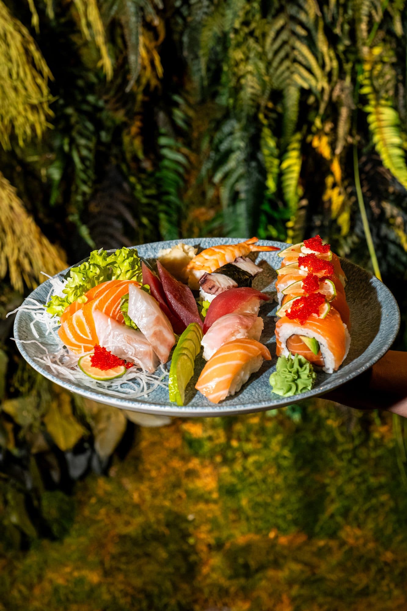 Piatto misto di sushi e sashimi davanti alla parete di muschio